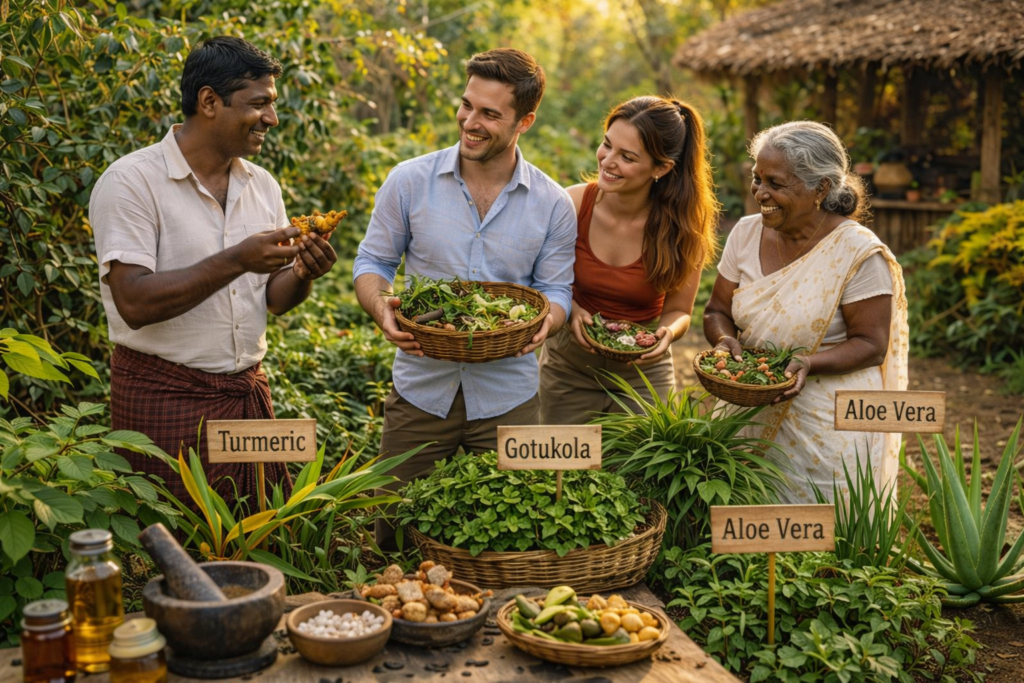 Sigiriya Village Tour Experience: Authentic Sri Lankan Culture, Food & Activities 1 Tourists exploring herbal garden and learning Ayurvedic plants during Sigiriya village tour in Sri Lanka
