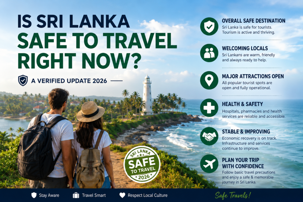 Is Sri Lanka Safe to Travel Right Now? A Verified Update 1 Learn why Sri Lanka is safe to travel in 2026. Explore updated travel advice, safe tourist regions, beaches, culture, and travel tips.