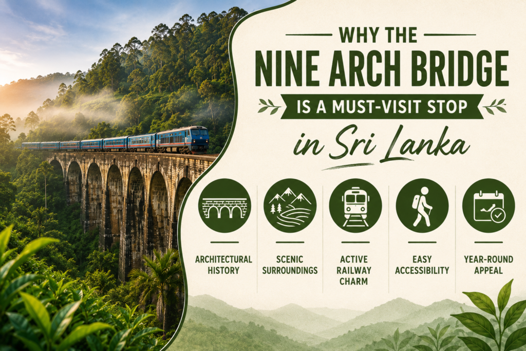 Breathtaking Views at Nine Arch Bridge: Sri Lanka's Famous Colonial-Era Stone Bridge 1 Infographic showing why the Nine Arch Bridge in Sri Lanka is a must-visit attraction with scenic views and historic architecture
