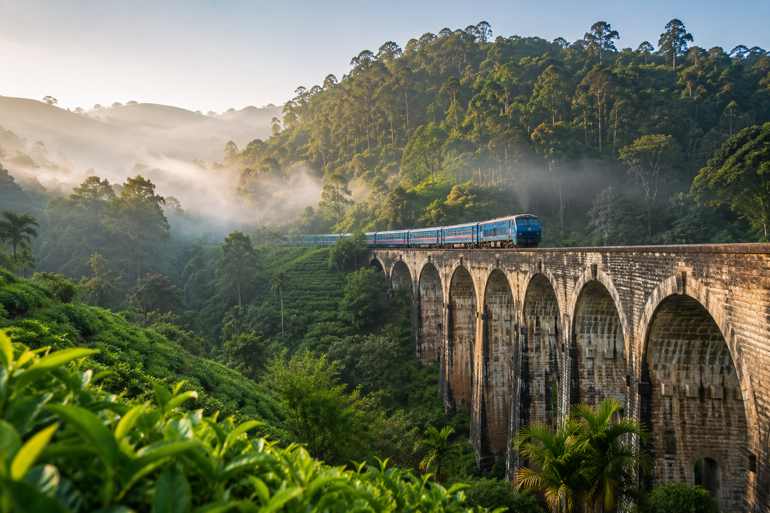 Nine Arch Bridge in Sri Lanka surrounded by lush green hills and a passing train