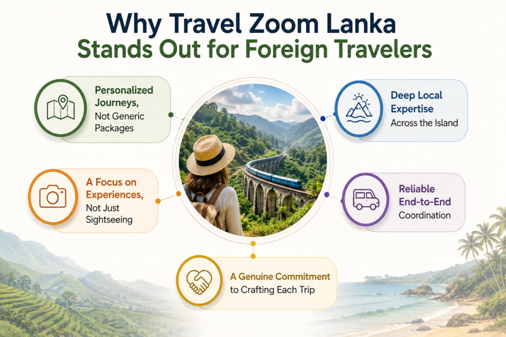 Why Travel Zoom Lanka Is the Best Travel Agency in Sri Lanka for Foreign Travelers 1 Infographic showing key reasons foreign travelers choose a Sri Lanka travel agency, including personalized journeys, local expertise, authentic experiences, seamless coordination, and tailored trip planning.