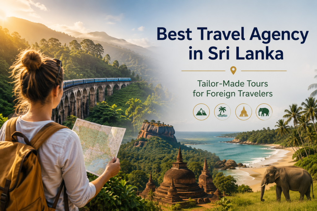 Why Travel Zoom Lanka Is the Best Travel Agency in Sri Lanka for Foreign Travelers 3 Foreign traveler planning a tailor-made trip in Sri Lanka with scenic train routes, beaches, cultural landmarks, and wildlife.