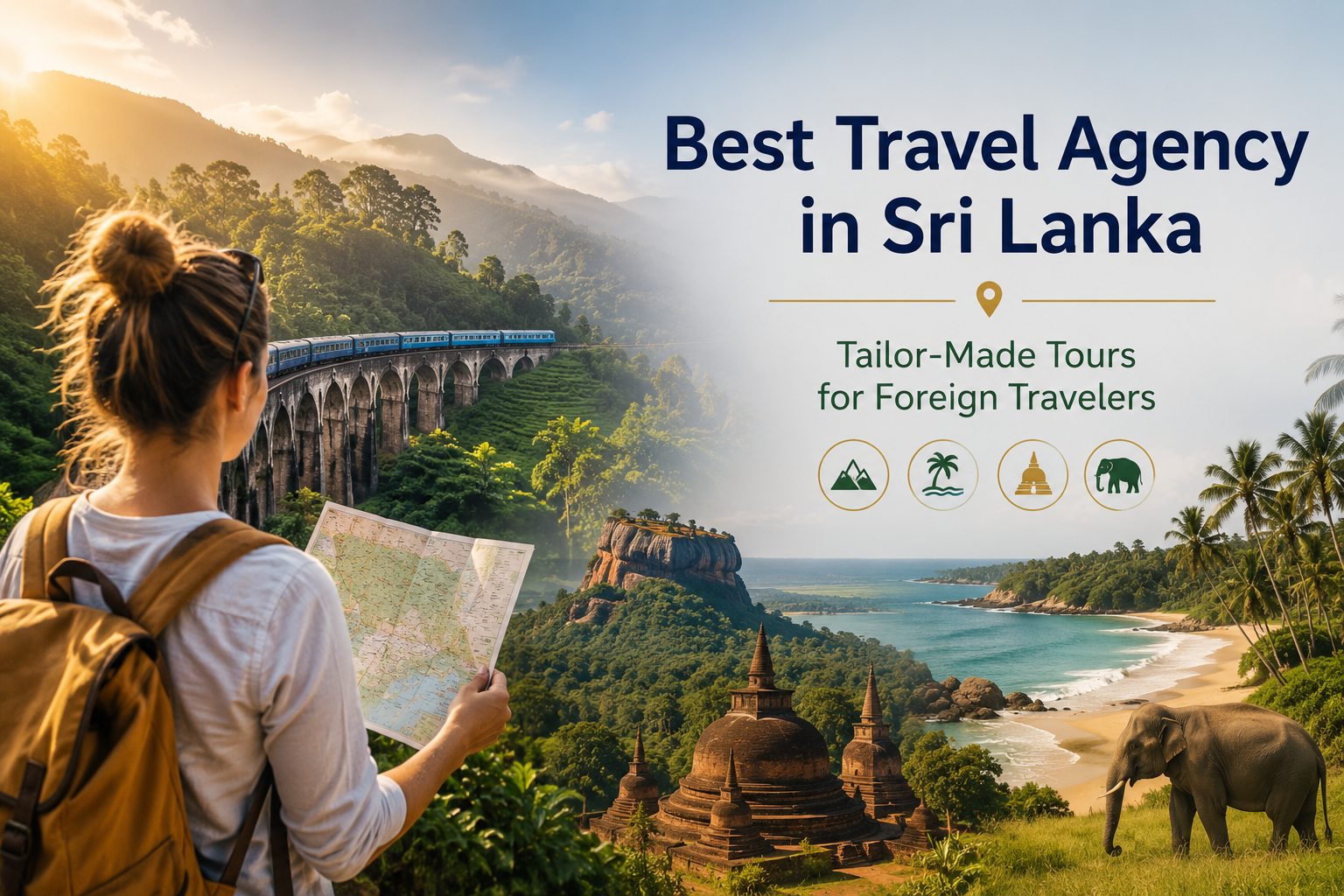 Foreign traveler planning a tailor-made trip in Sri Lanka with scenic train routes, beaches, cultural landmarks, and wildlife.